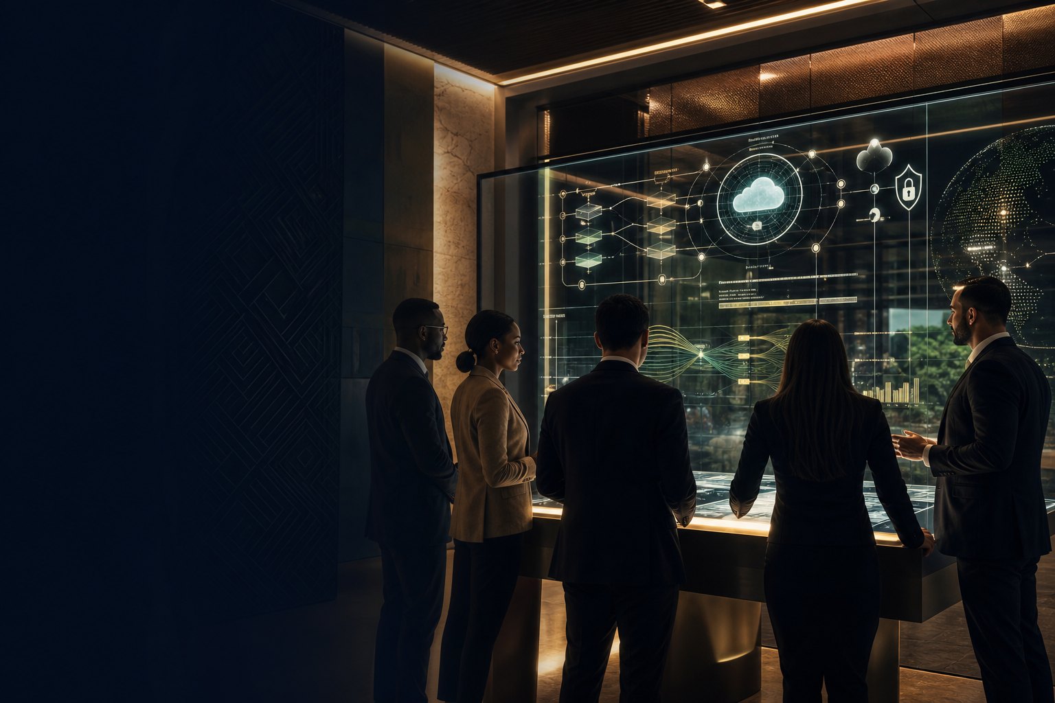 Kowa AI Solutions advisory team reviewing AI workflows, cybersecurity, cloud architecture, and data platform visuals on a digital strategy table.